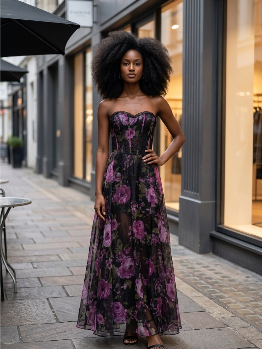 Lulu's Black Strapless Floral Chiffon Gown w/ Purple Roses needs 2 easy repairs - Picture 5 of 13